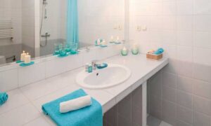 Clean Organized Bathroom Decorated in Blue