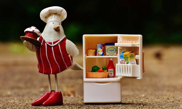 Chicken Decoration Standing Next to Clean Refrigerator.