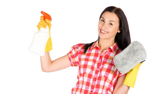 House Cleaner Holding Spray Bottle and Cleaning Rag.