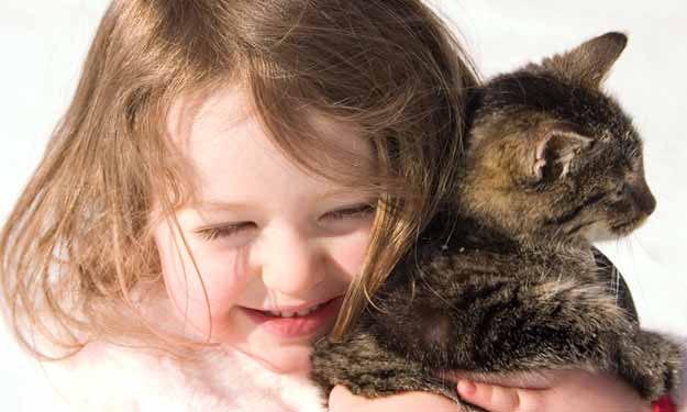 Little Girl Loving her Baby Kitten.