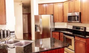 Clean Kitchen with Stainless Steel Appliances.