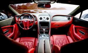 Red Leather Interior of Car with Clean Upholstery.