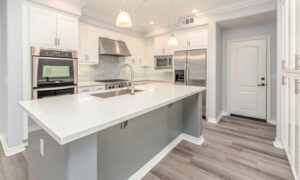 Bright White Kitchen with Clean Stainless Steel Appliances.