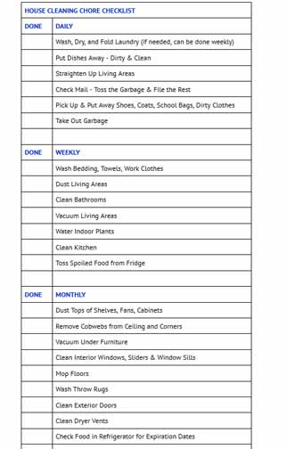 List of Household Cleaning Tasks.