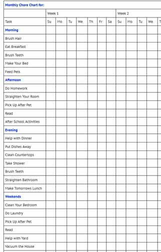 Monthly Chore Chart for Kids - House Cleaning Central