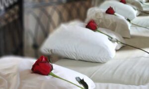 Clean Foam Pillows with a Rose Lying on Top.
