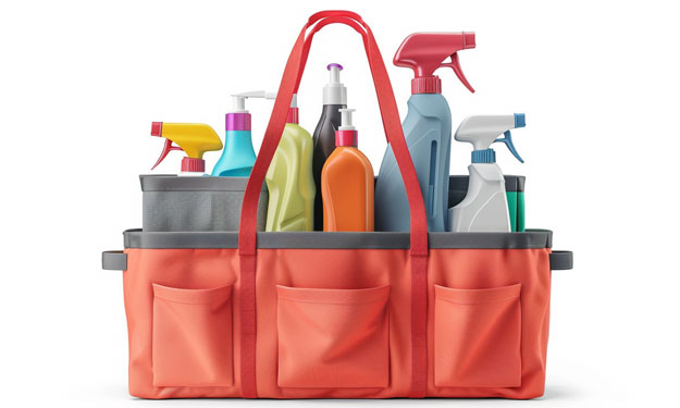 An Orange Cleaning Tote Filled with Cleaning Supplies.