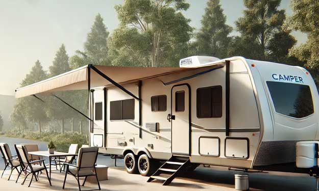 A nice camper with a clean awning.