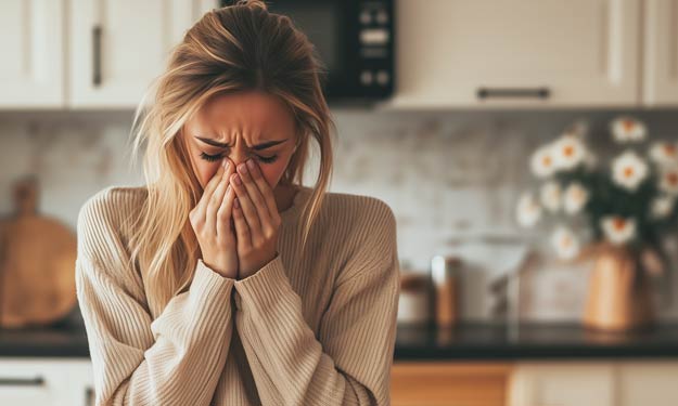 Woman holding her nose because she needs to find something to remove the smell in the kitchen.