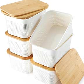 Plastic Storage Bins with Bamboo lids and Stackable Storage Baskets for Shelves