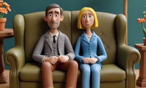AI Couple Sitting on Sofa Learning About How to Clean a Couch.