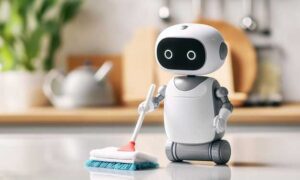 Cute little robot character cleaning the essential areas daily.