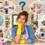 Woman deciding where to start cleaning her house, surrounded by images of different rooms and cleaning supplies.